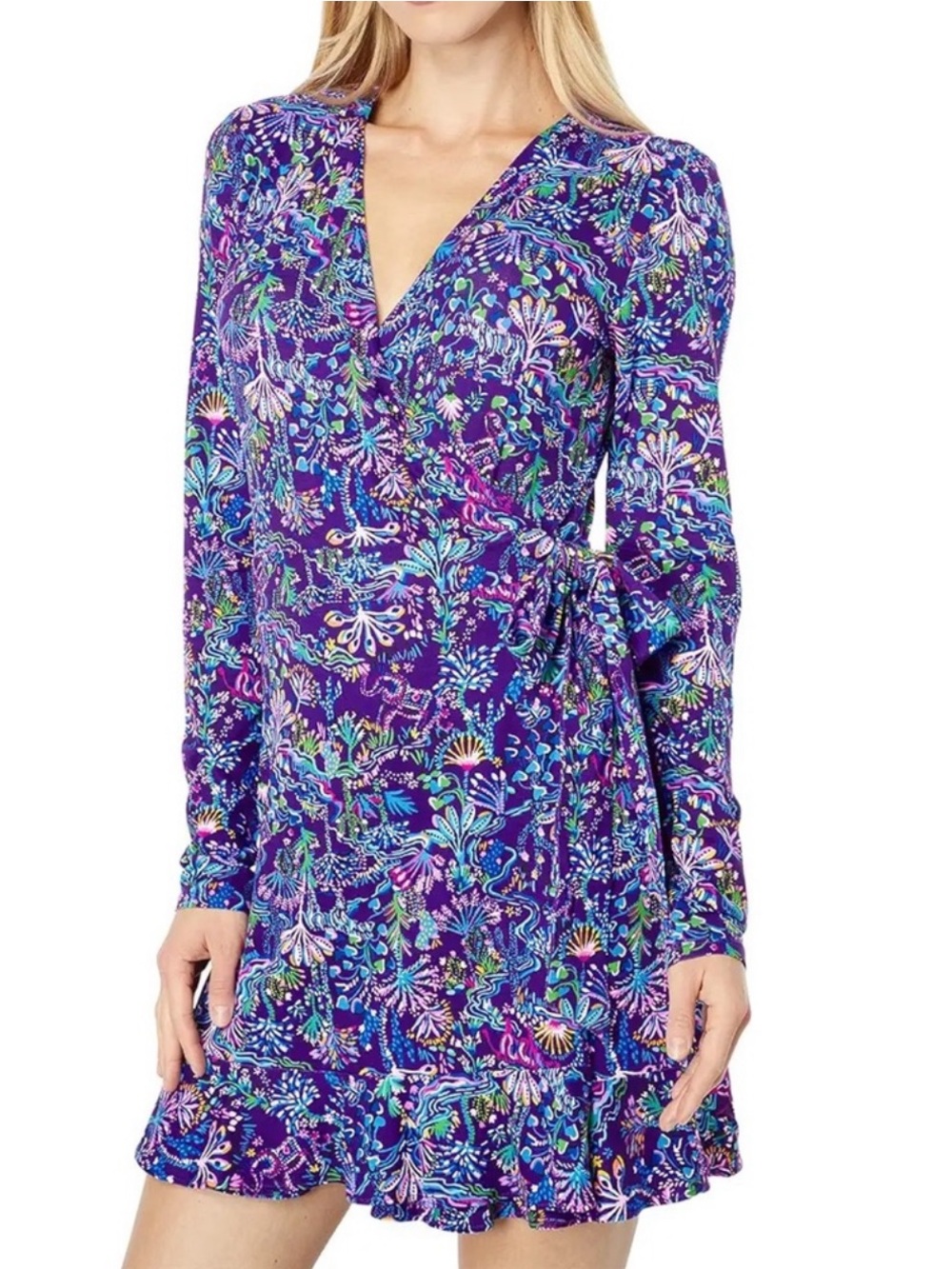 Lilly Pulitzer Purple Floral Wrap-Style Long Sleeve Romper size L